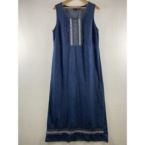 Vintage 90s Womens Denim Jumper Maxi Dress Sz L Cottage Country Prairie Modest